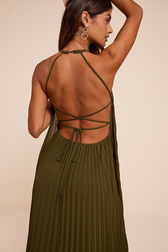 Dorala Olive Pleated Lace-Up Tiered Maxi Dress