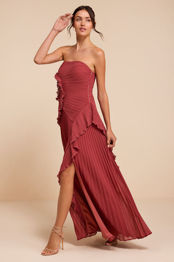 Brylee Rusty Rose Pleated Ruffled Maxi Dress