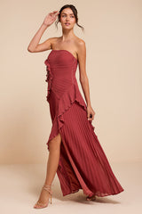 Brylee Rusty Rose Pleated Ruffled Maxi Dress
