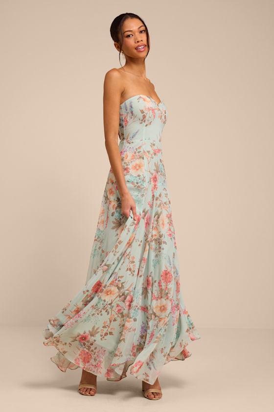 Alandria Mint Floral Drop Waist Maxi Dress