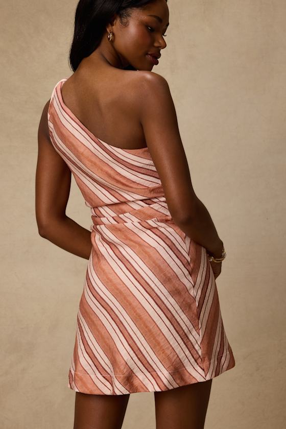 Marketta Terracotta Striped One-Shoulder Mini Dress