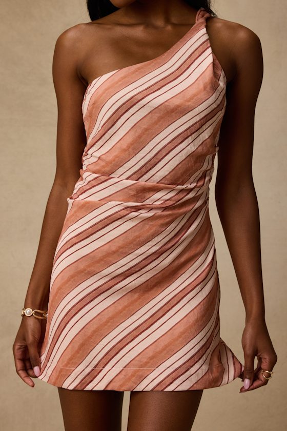 Marketta Terracotta Striped One-Shoulder Mini Dress