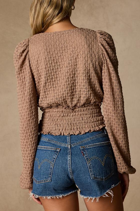 Shadia Taupe Textured Surplice Smocked Top