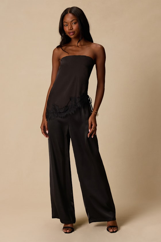 Amala Black Satin Mid-Rise Wide-Leg Pants