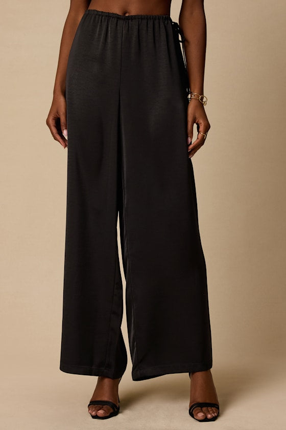 Amala Black Satin Mid-Rise Wide-Leg Pants