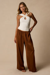 Amala Brown Satin Mid-Rise Wide-Leg Pants