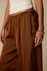 Amala Brown Satin Mid-Rise Wide-Leg Pants