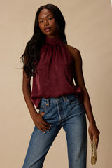 Camille Burgundy Satin Mock Neck Tank Top