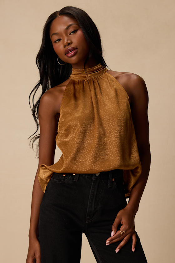 Camille Bronze Satin Mock Neck Tank Top
