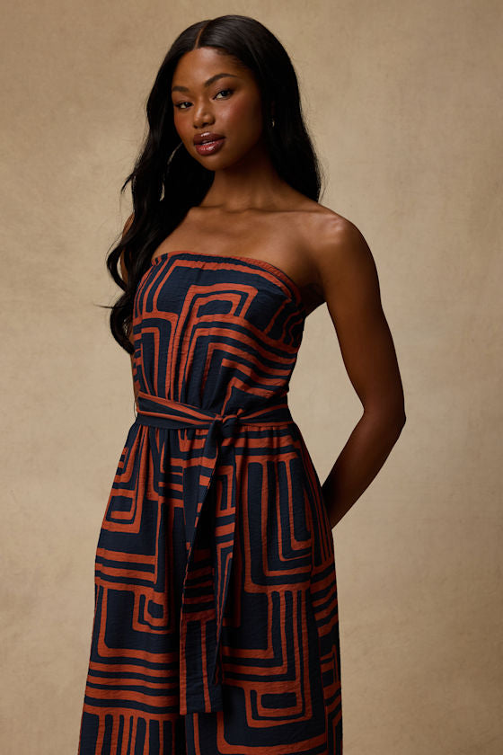 Lanora Navy Abstract Print Wide-Leg Jumpsuit