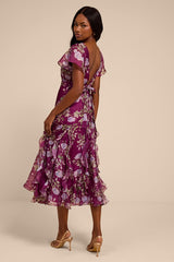 Deluca Plum Floral Ruffled Midi Dress