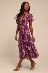 Deluca Plum Floral Ruffled Midi Dress