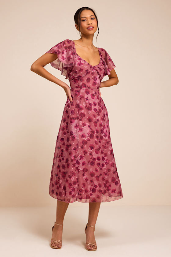 Camillo Mauve Floral Jacquard Flutter Sleeve Midi Dress
