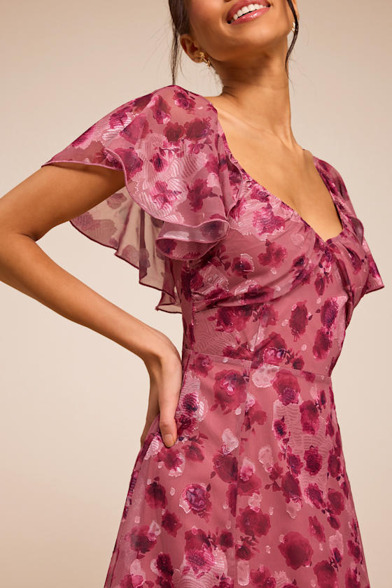 Camillo Mauve Floral Jacquard Flutter Sleeve Midi Dress