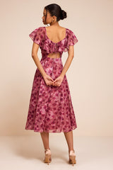 Camillo Mauve Floral Jacquard Flutter Sleeve Midi Dress