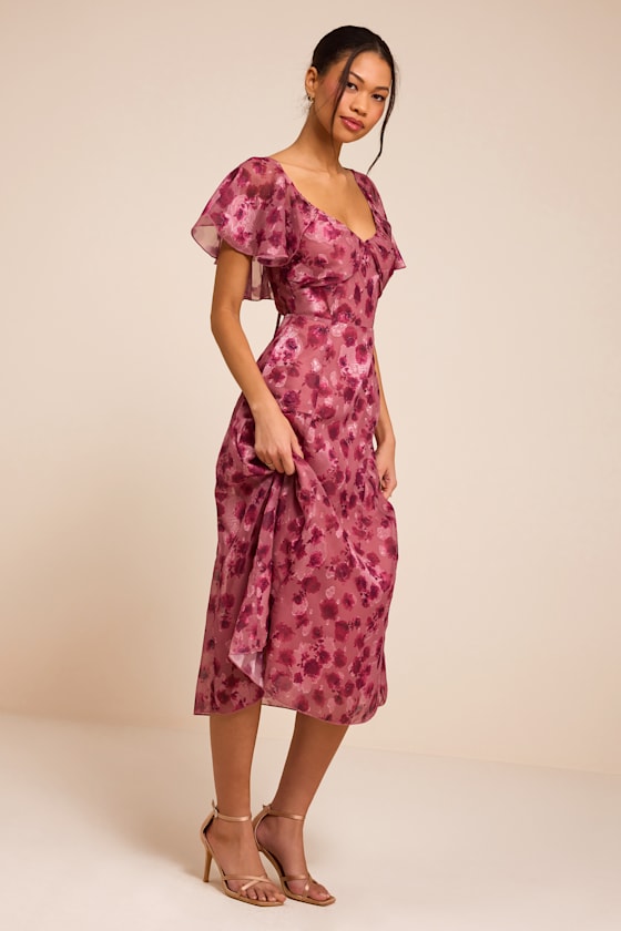 Camillo Mauve Floral Jacquard Flutter Sleeve Midi Dress