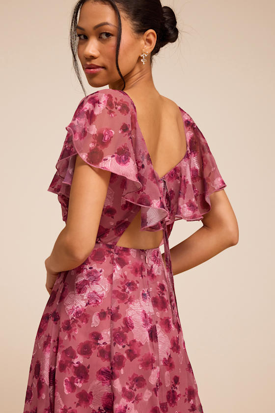 Camillo Mauve Floral Jacquard Flutter Sleeve Midi Dress