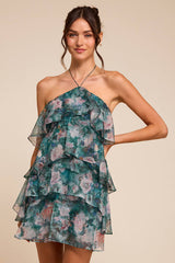 Melody Teal Multi Floral Tiered Halter Mini Dress