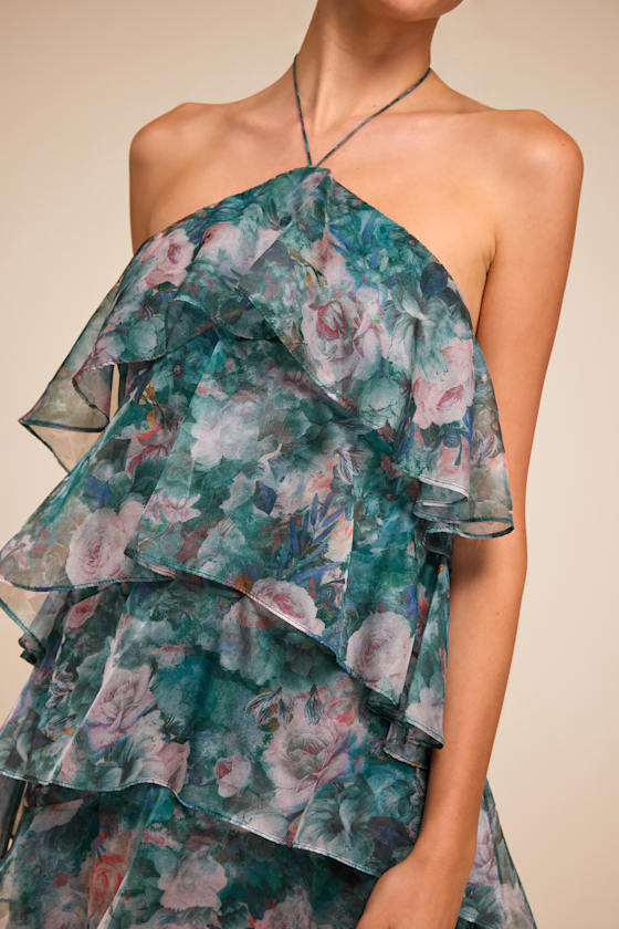 Melody Teal Multi Floral Tiered Halter Mini Dress