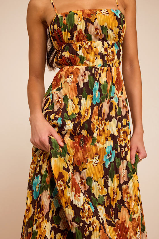 Holloway Brown Multi Floral Pleated Maxi Dress