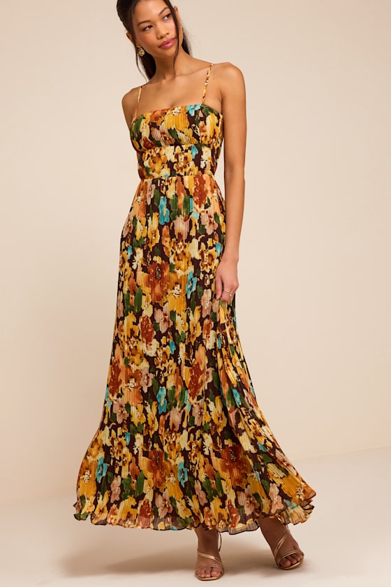 Holloway Brown Multi Floral Pleated Maxi Dress