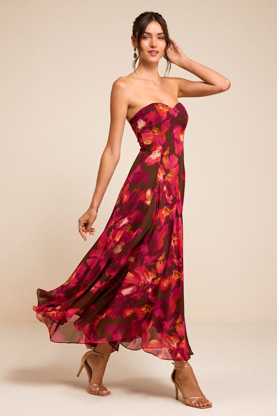 Madoria Brown Multi Floral Strapless Midi Dress