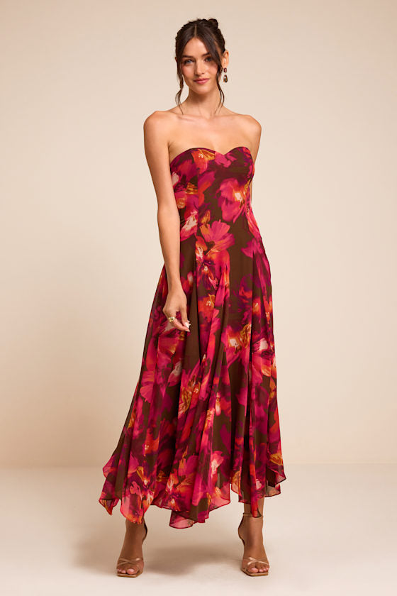Madoria Brown Multi Floral Strapless Midi Dress