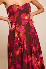 Madoria Brown Multi Floral Strapless Midi Dress