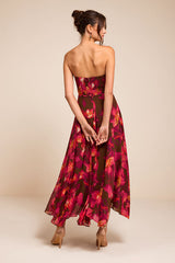 Madoria Brown Multi Floral Strapless Midi Dress