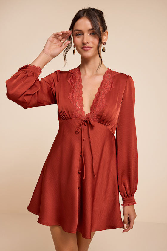 Goldia Rust Red Satin Long Sleeve Babydoll Mini Dress