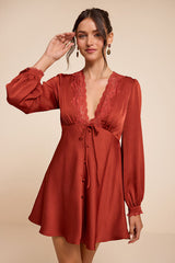 Goldia Rust Red Satin Long Sleeve Babydoll Mini Dress