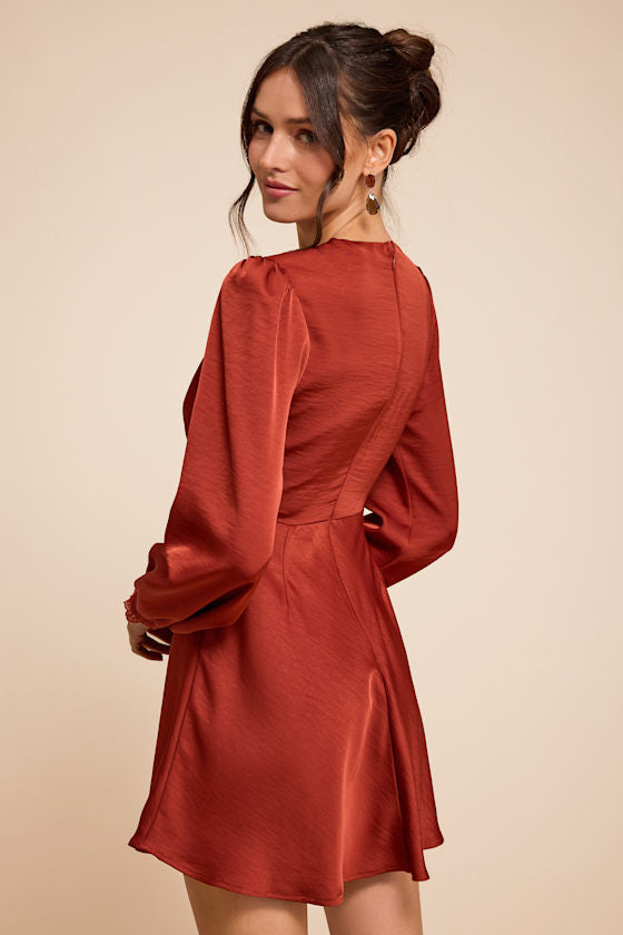Goldia Rust Red Satin Long Sleeve Babydoll Mini Dress