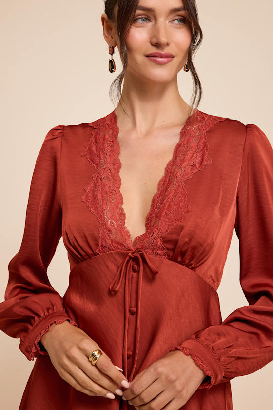 Goldia Rust Red Satin Long Sleeve Babydoll Mini Dress