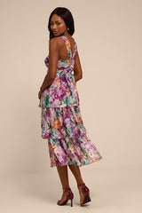 Dayanara Purple Multi Floral Organza Tiered Midi Dress