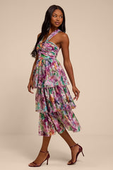 Dayanara Purple Multi Floral Organza Tiered Midi Dress