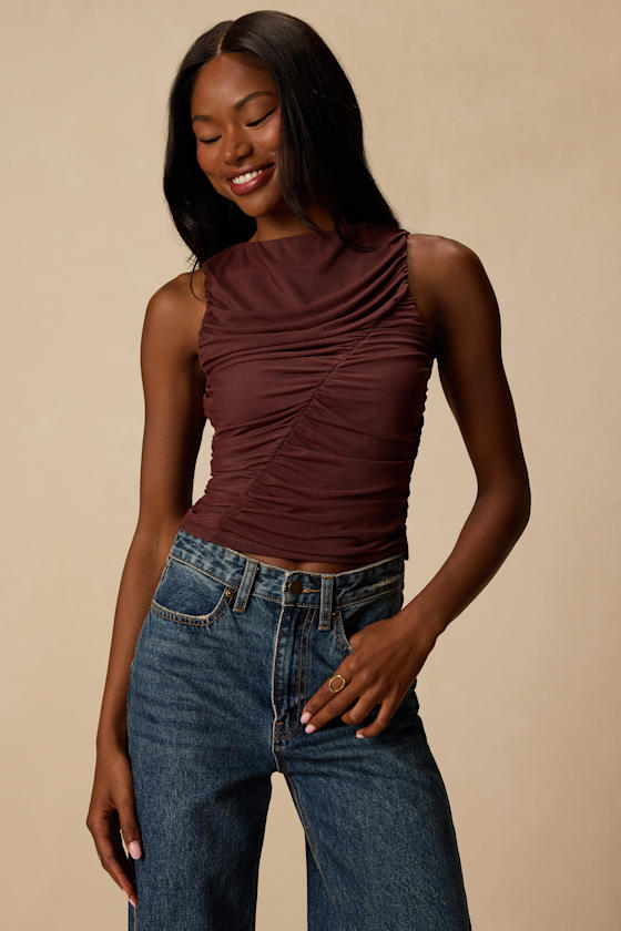Camari Brown Mesh Ruched Tank Top