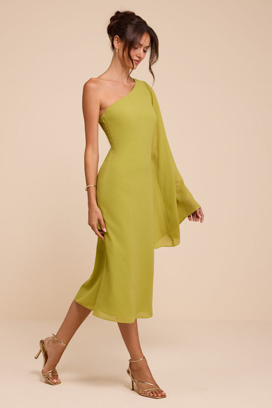 Elizabeth Chartreuse One-Shoulder Bell Sleeve Midi Dress