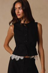 Vesper Black Button-Front Lace Vest Top