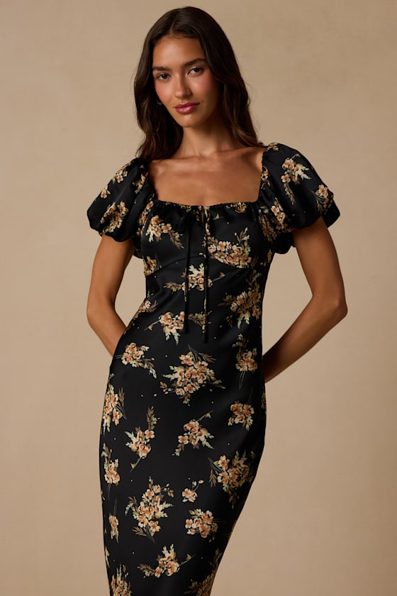 Remarkably Flourishing Black Floral Puff Sleeve Midi Dress