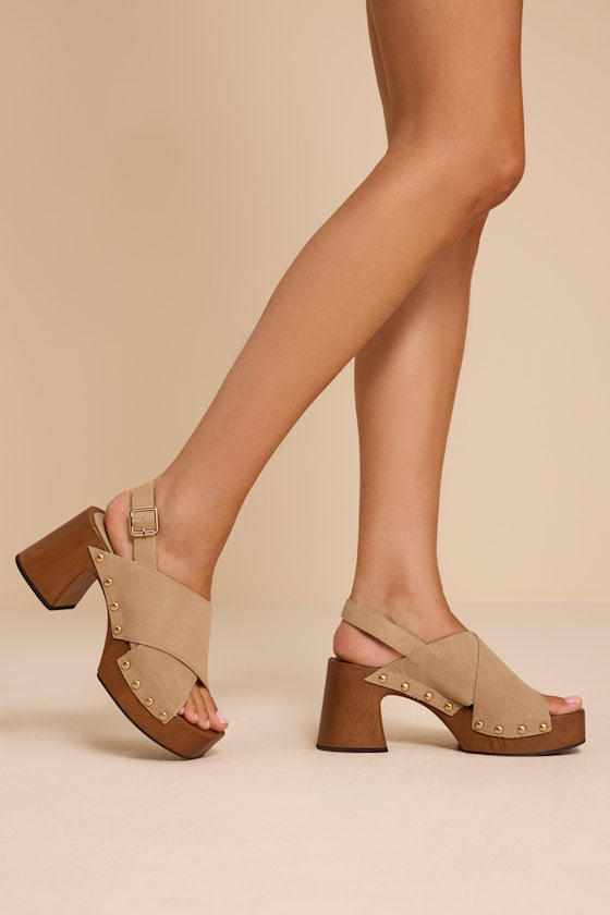 Eudora Sand Suede Wooden Platform Slingback Sandals