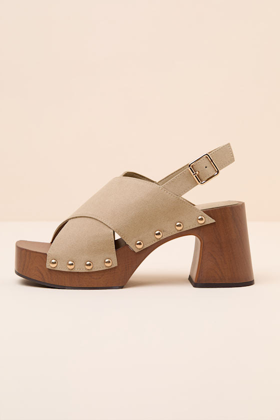 Eudora Sand Suede Wooden Platform Slingback Sandals