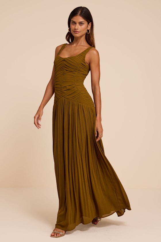 Rhonda Olive Pleated Drop Waist Maxi Dress