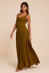 Rhonda Olive Pleated Drop Waist Maxi Dress