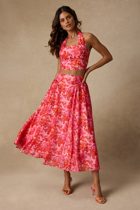 Nashira Pink Multi Floral High-Rise Midi Skirt