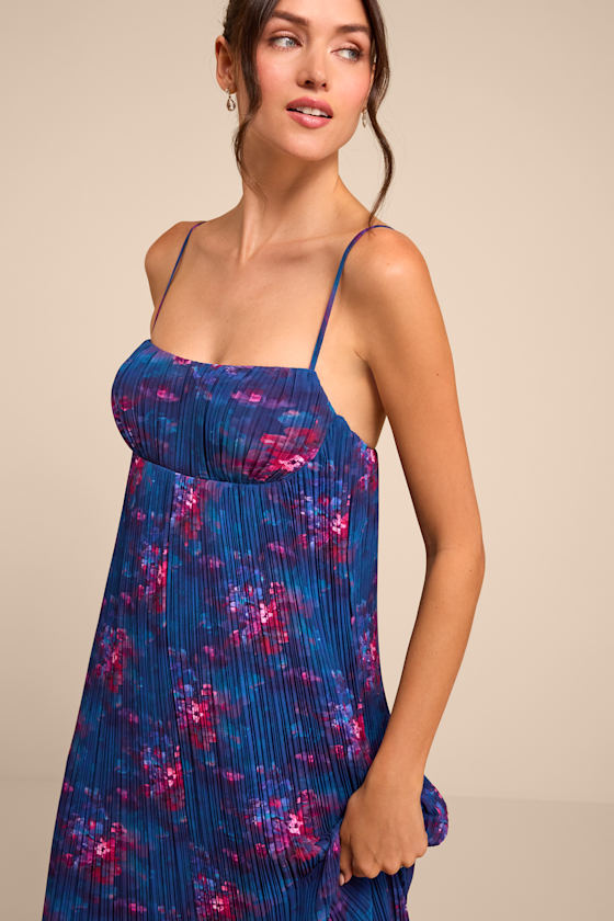 Avi Blue Floral Print Pleated Sleeveless Midi Dress