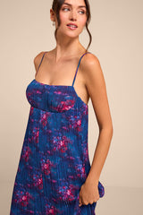 Avi Blue Floral Print Pleated Sleeveless Midi Dress