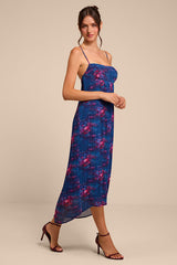 Avi Blue Floral Print Pleated Sleeveless Midi Dress