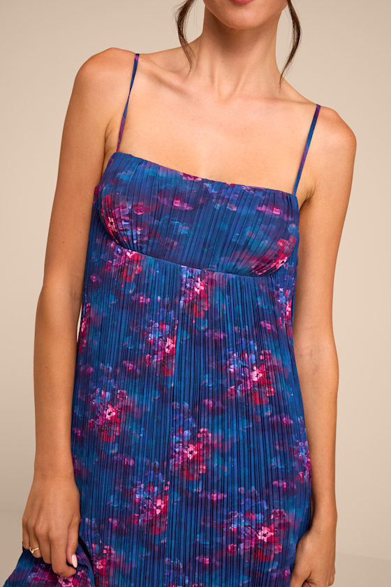 Avi Blue Floral Print Pleated Sleeveless Midi Dress