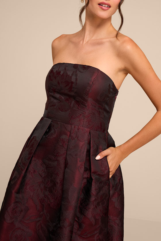 Laurelin Burgundy Floral Jacquard Strapless Midi Dress