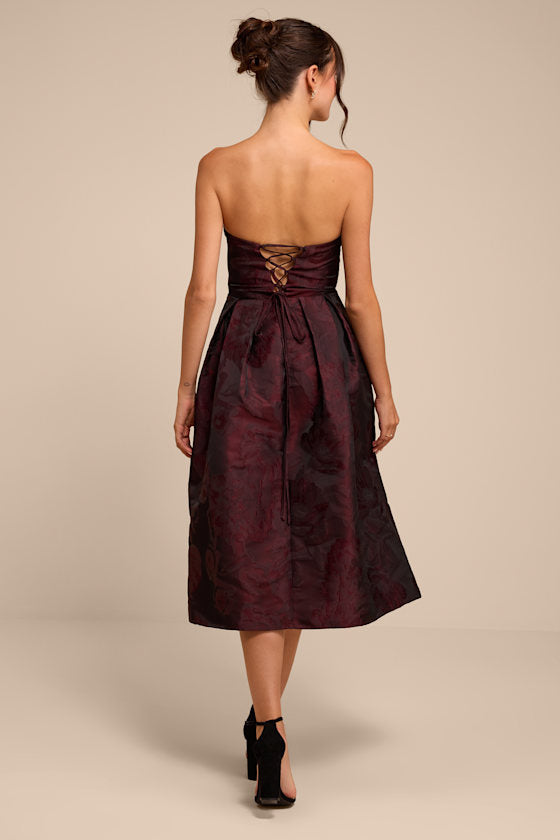 Laurelin Burgundy Floral Jacquard Strapless Midi Dress